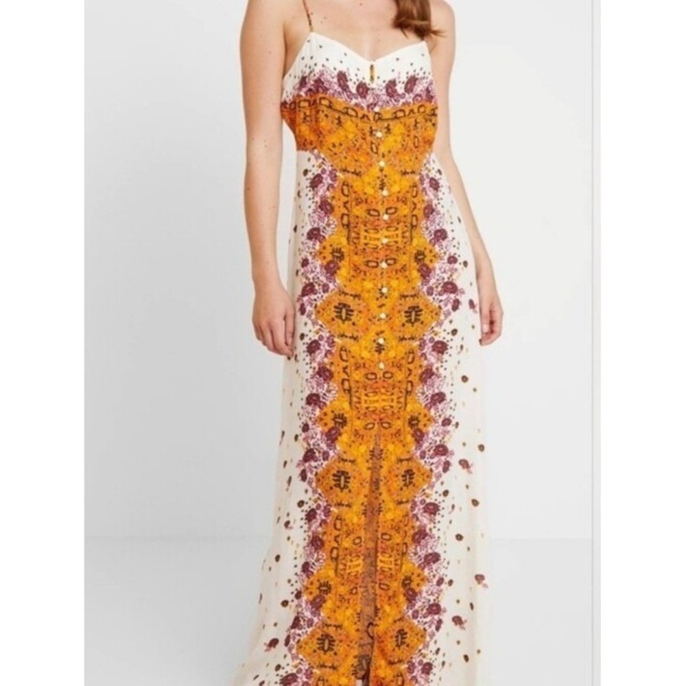 Free People Morning Song Cream Maxi Dress with Orange & Pink Floral Center Panel
